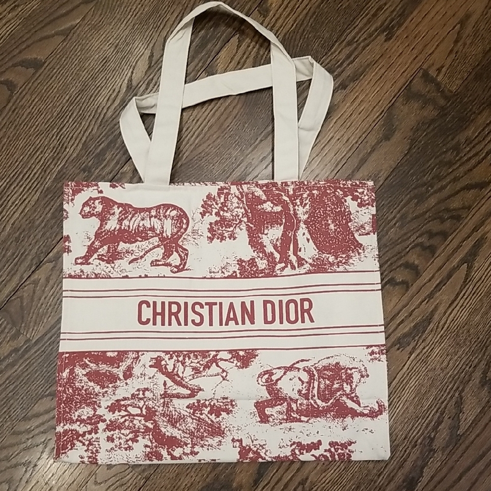 Dior Red and White Toile-Style Tote Bag